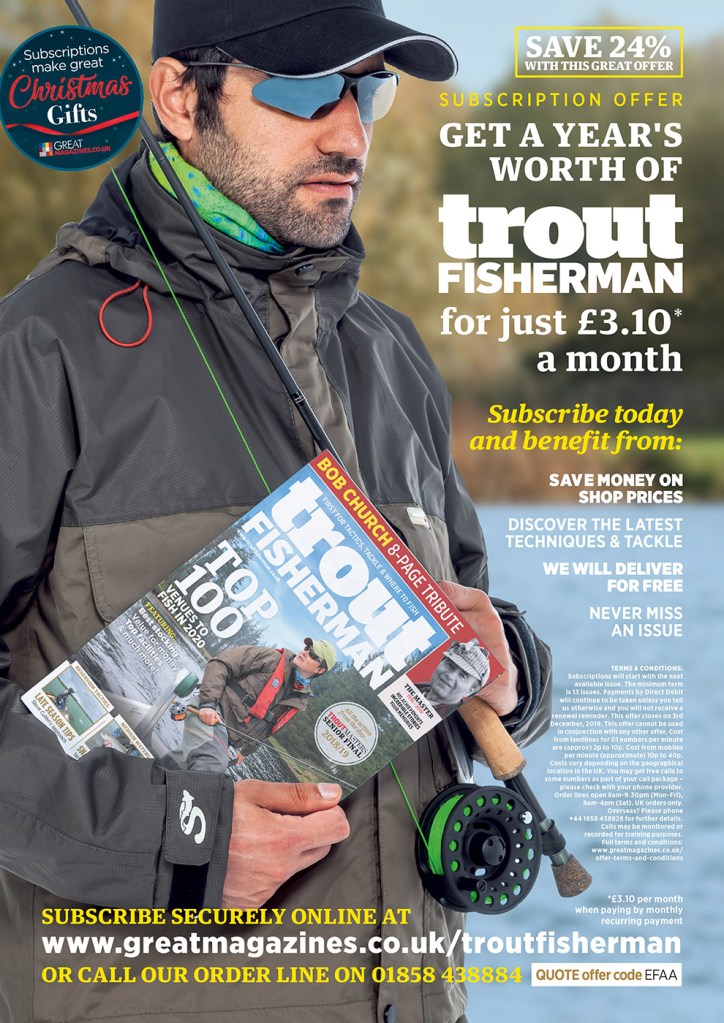 Editorial magazine subscription advertisement for 'Trout Fisherman' with Autumn & Winter setting