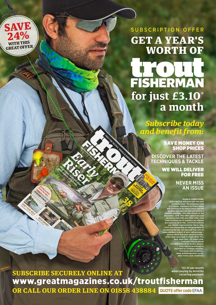 Editorial magazine subscription advertisement for 'Trout Fisherman' with Spring & Summer setting