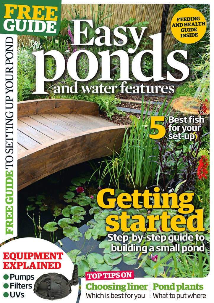 Magazine cover design for 'Easy ponds and water features' picturing a foot bridge over a pond