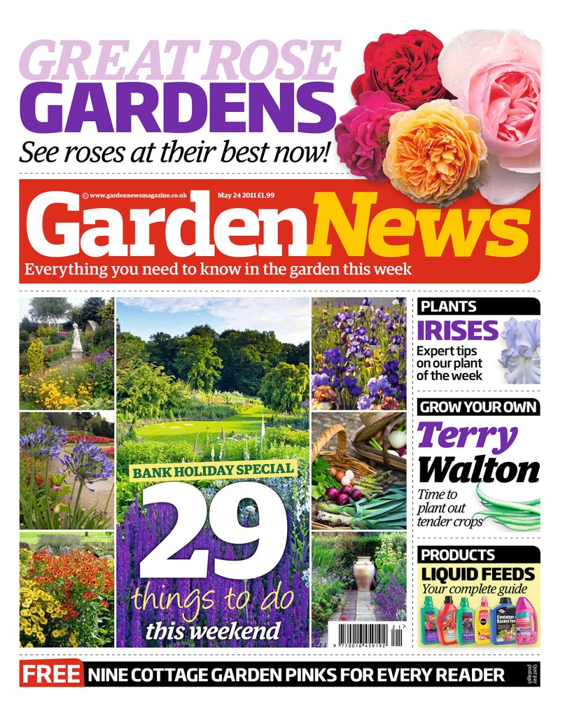 Magazine cover design for 'Garden News' picturing a grid of garden images and the headline '29 things to do this weekend'