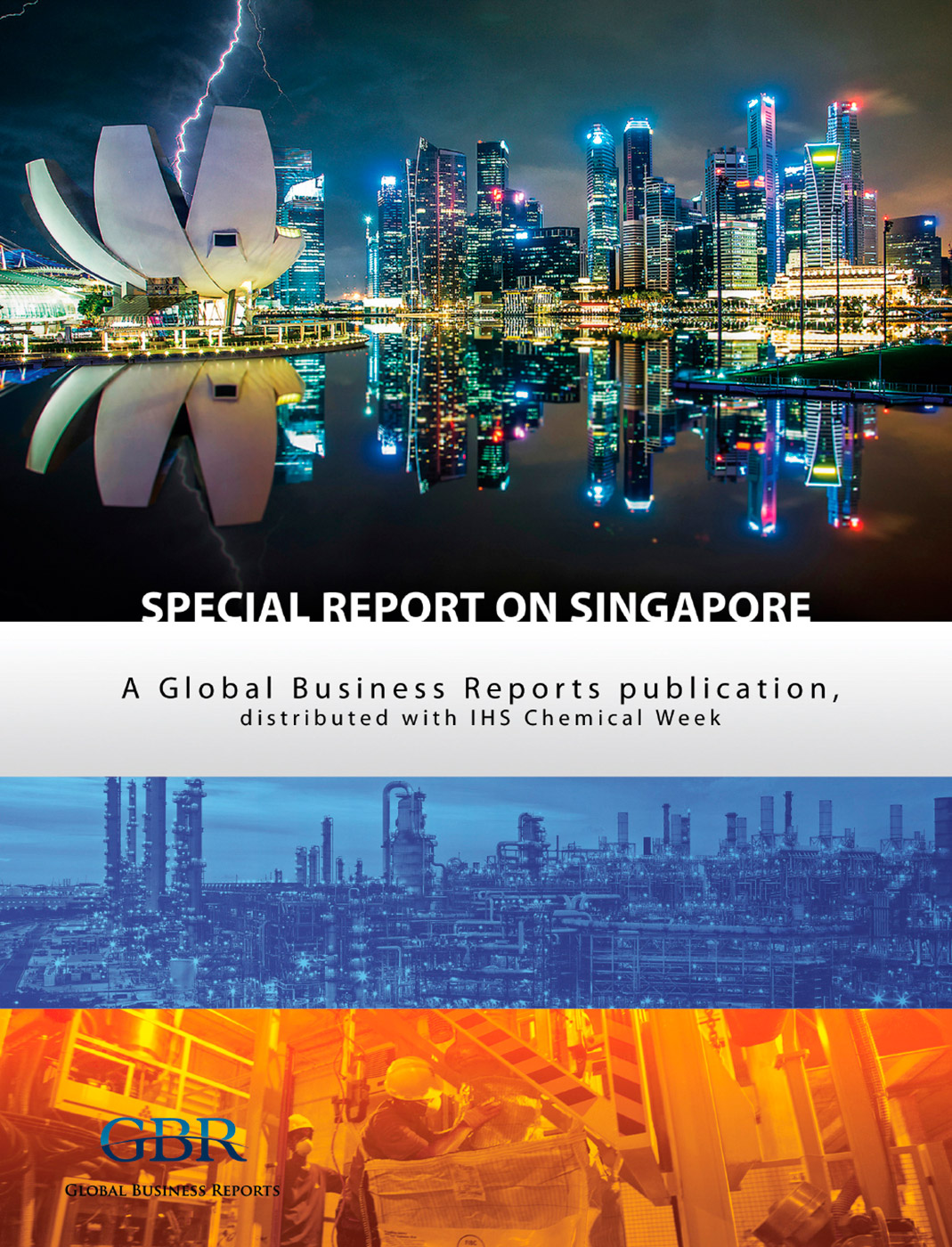 Magazine cover design for 'Special report on Singapore' picturing a grid of images with a night cityscape and industrial buiılldings