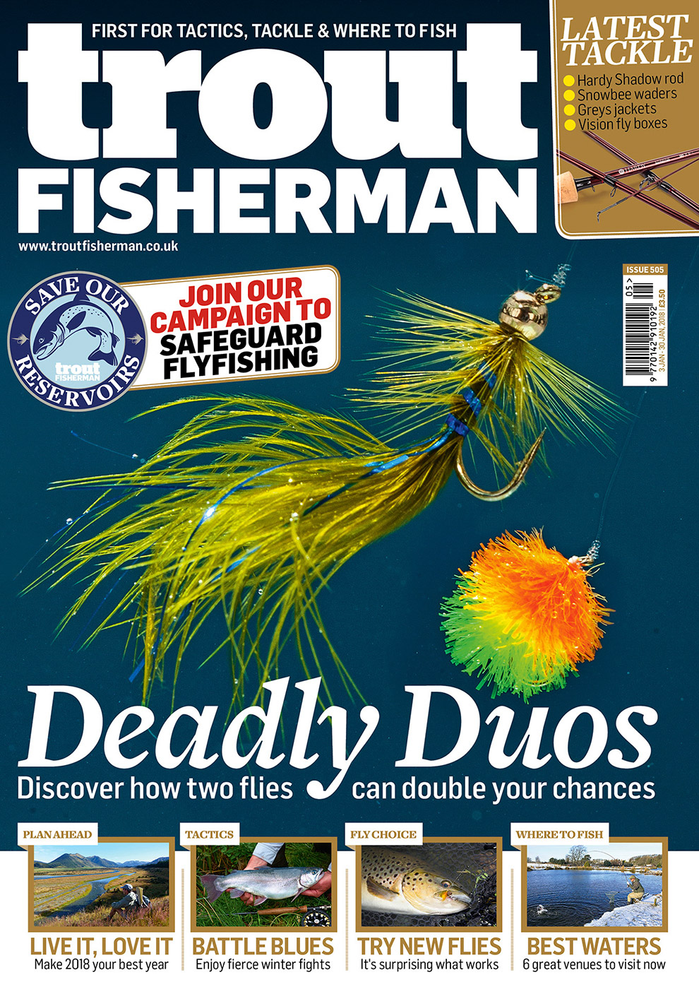 Magazine cover design for 'Trout Fisherman' picturing a underwater close-up of two fishing flies