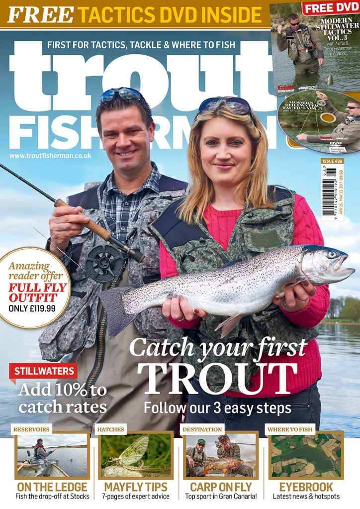 Magazine cover design for 'Trout Fisherman' picturing a male and female angler with a trout
