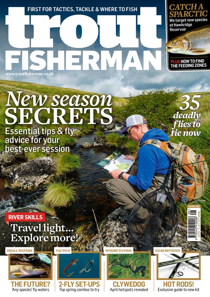 Magazine cover design for 'Trout Fisherman' picturing an angler reading a map in front of a river