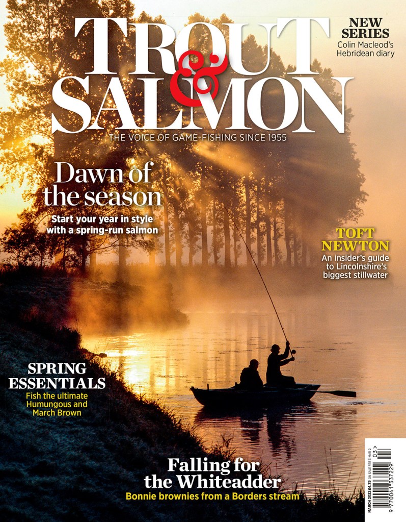 Magazine cover design for 'Trout & Salmon' picturing fishing from a boat